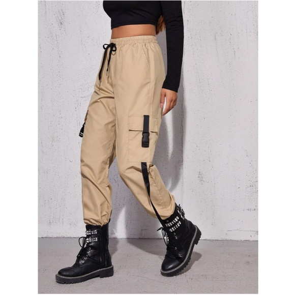 Tan Cargo Jogger Pants Black Details Pockets - Picture 3 of 6